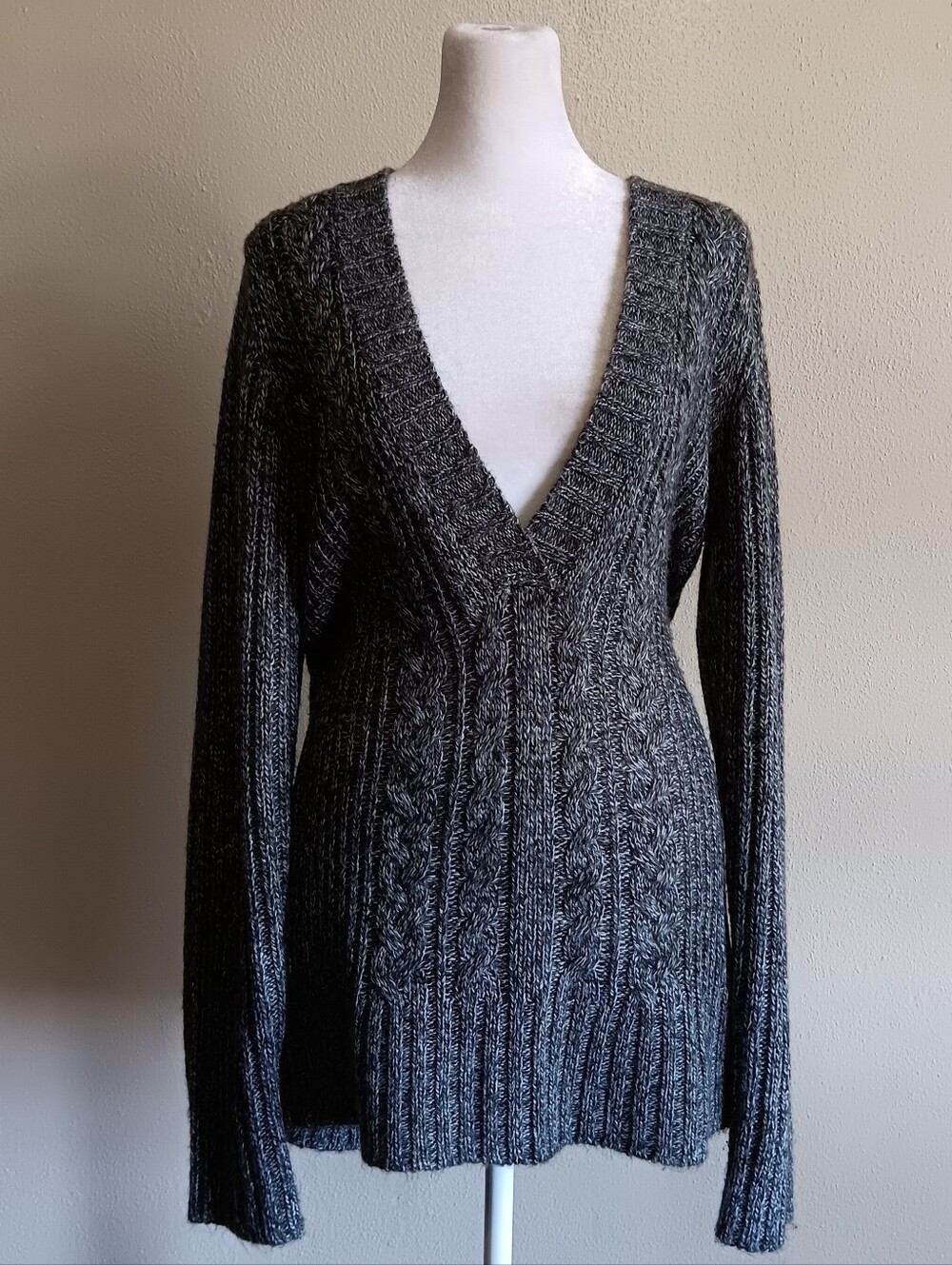 Y2K Vanity Gray Cable Knit V-Neck Tunic Sweater Womens XL Pullover Long Sleeve